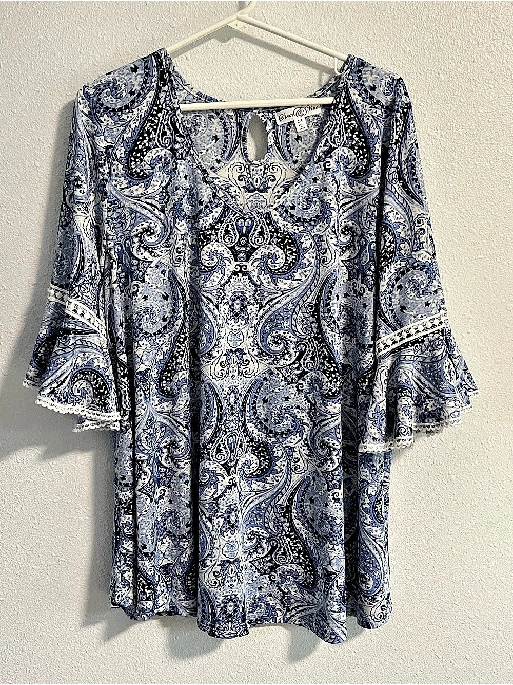 Stem & Vine Paisley Tunic in Blue & White Size 2X